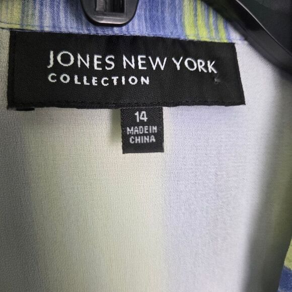 Jones New York Silk Tie Front Blouse Watercolor Stripe Green Blue Size 14 - Picture 6 of 7
